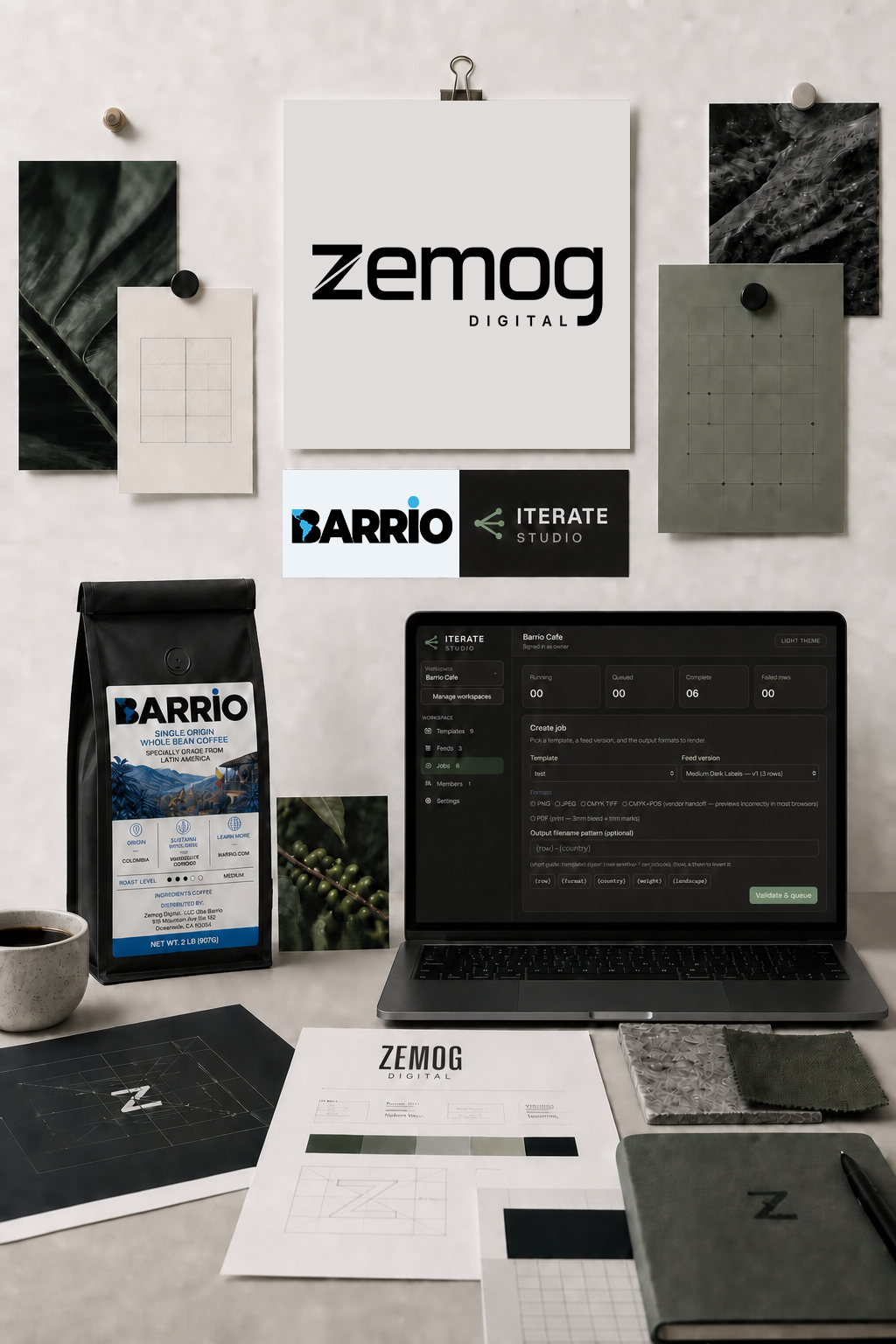 Barrio single-origin coffee and Iterate Studio creative automation collage
